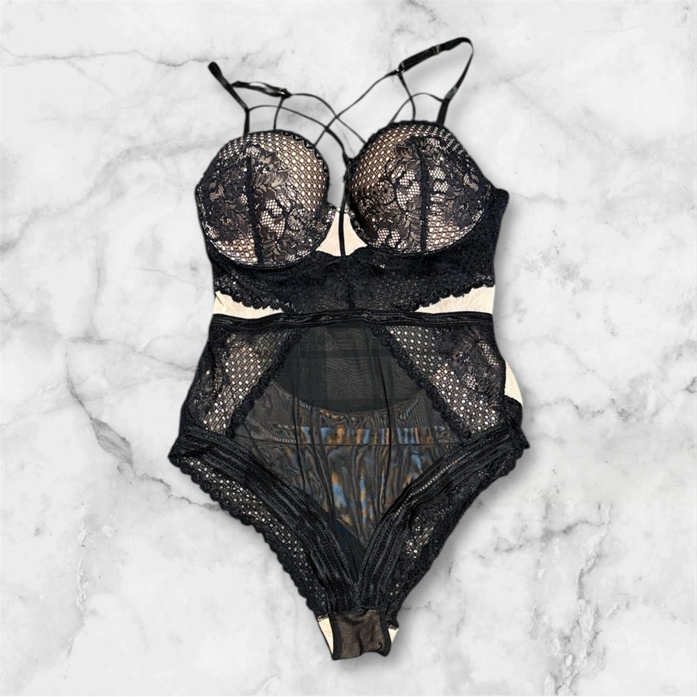 Black lace and mesh bodysuit or teddy lace corset top sz XL